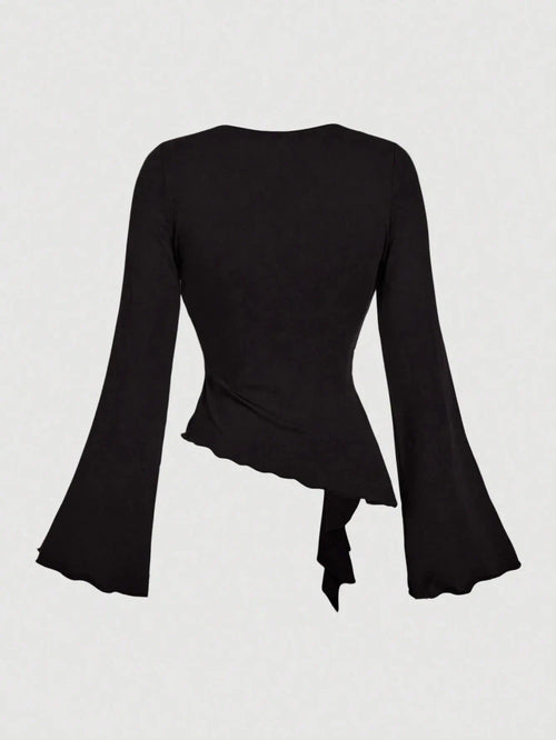 Cross Wrap Flare Sleeve Cinched Waist Top
