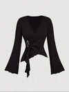 Cross Wrap Flare Sleeve Cinched Waist Top