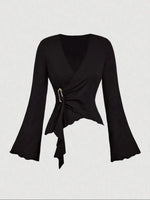 Cross Wrap Flare Sleeve Cinched Waist Top