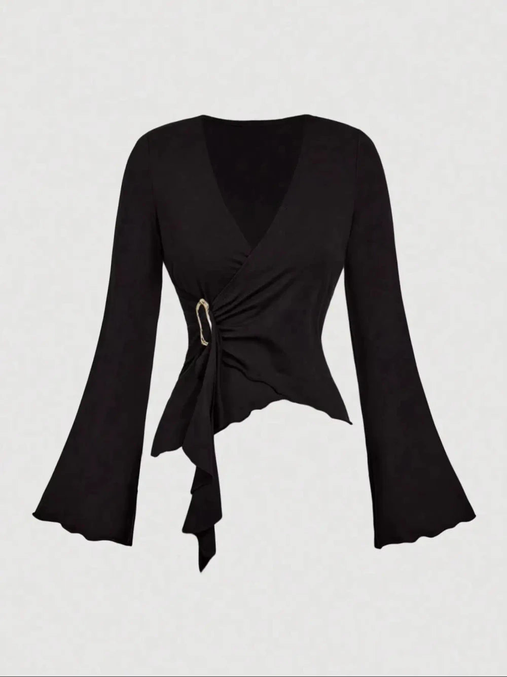 Cross Wrap Flare Sleeve Cinched Waist Top