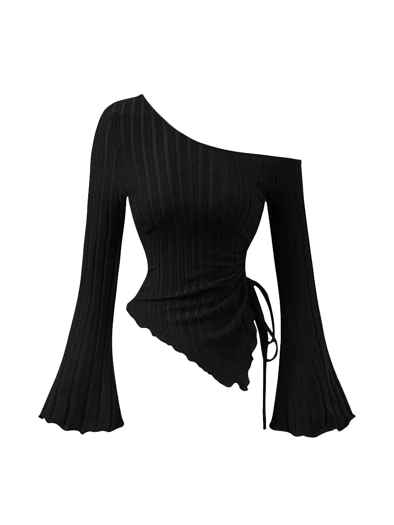 Asymmetrical Off-Shoulder Trumpet Sleeve Top