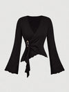 Cross Wrap Flare Sleeve Cinched Waist Top