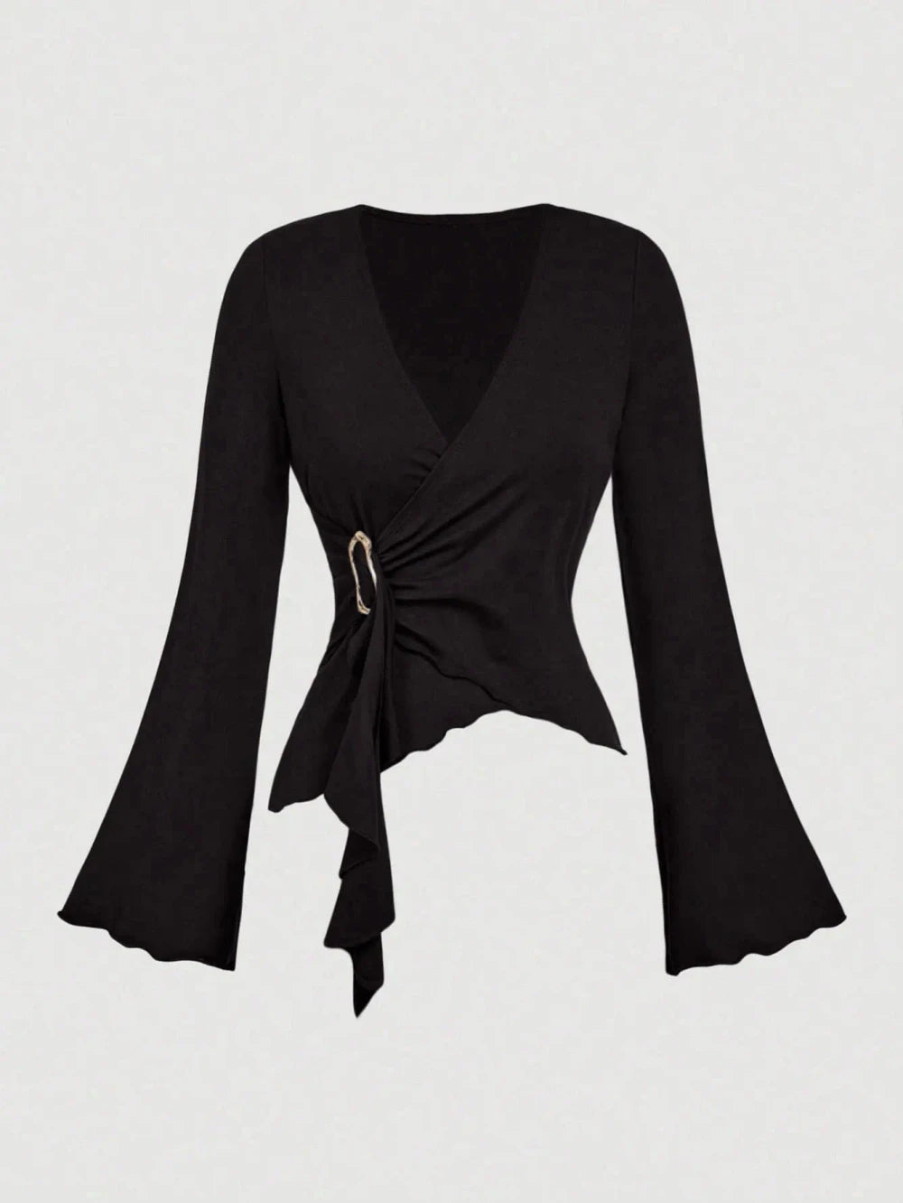 Cross Wrap Flare Sleeve Cinched Waist Top