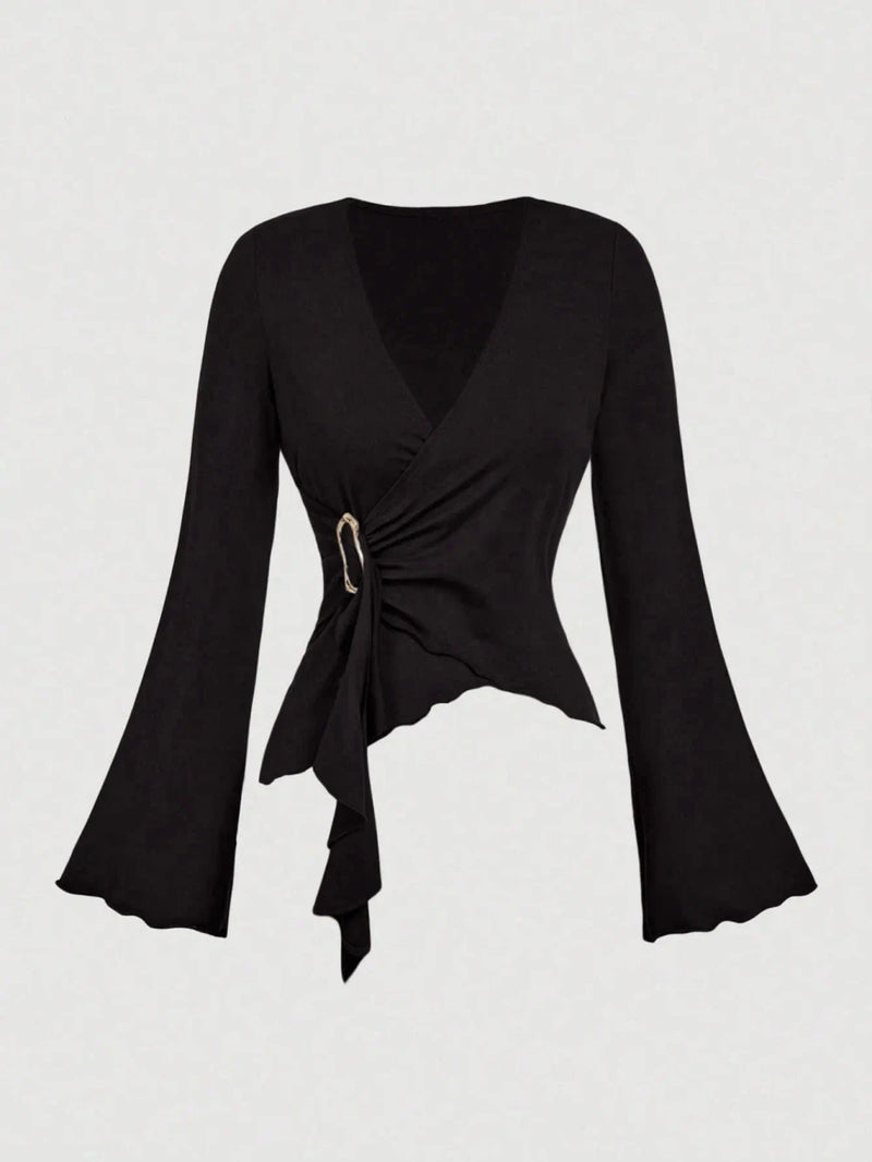 Cross Wrap Flare Sleeve Cinched Waist Top